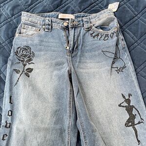 PLAYBOY Light Blue Straight Leg Jeans with Black Graphic Prints
